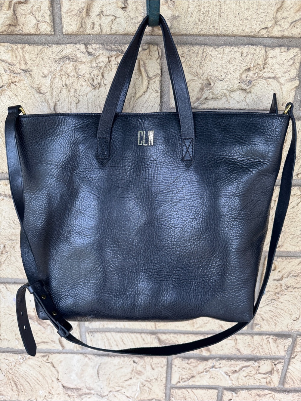 Madewell Zip Top Transporter Large Black Leather Tote Bag with Adjustable Strap